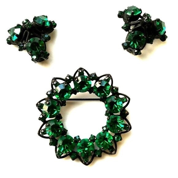 VTG Joseph Warner Emerald Grn Brooch Earring Set - Picture 1 of 7